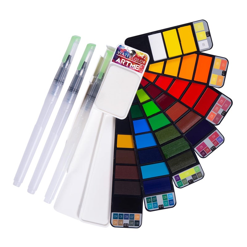 ARTME Watercolor Paint set â€“ 42 Assorted Colors with 3 Brushes â€“ Perfect Foldable Watercolor Field Sketch Set for Outdoor Painting â€“Travel Pocket Watercolor Kit - Image 1